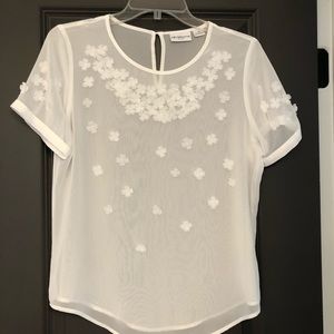 Liz Claiborne Petite Sheer White Blouse with Appliqué Flowers